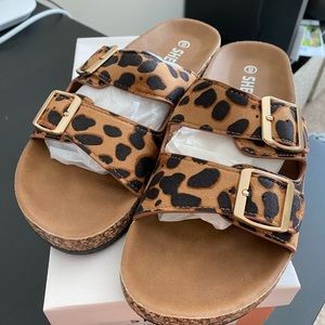 New Cork Footbed leopard slides/sandals